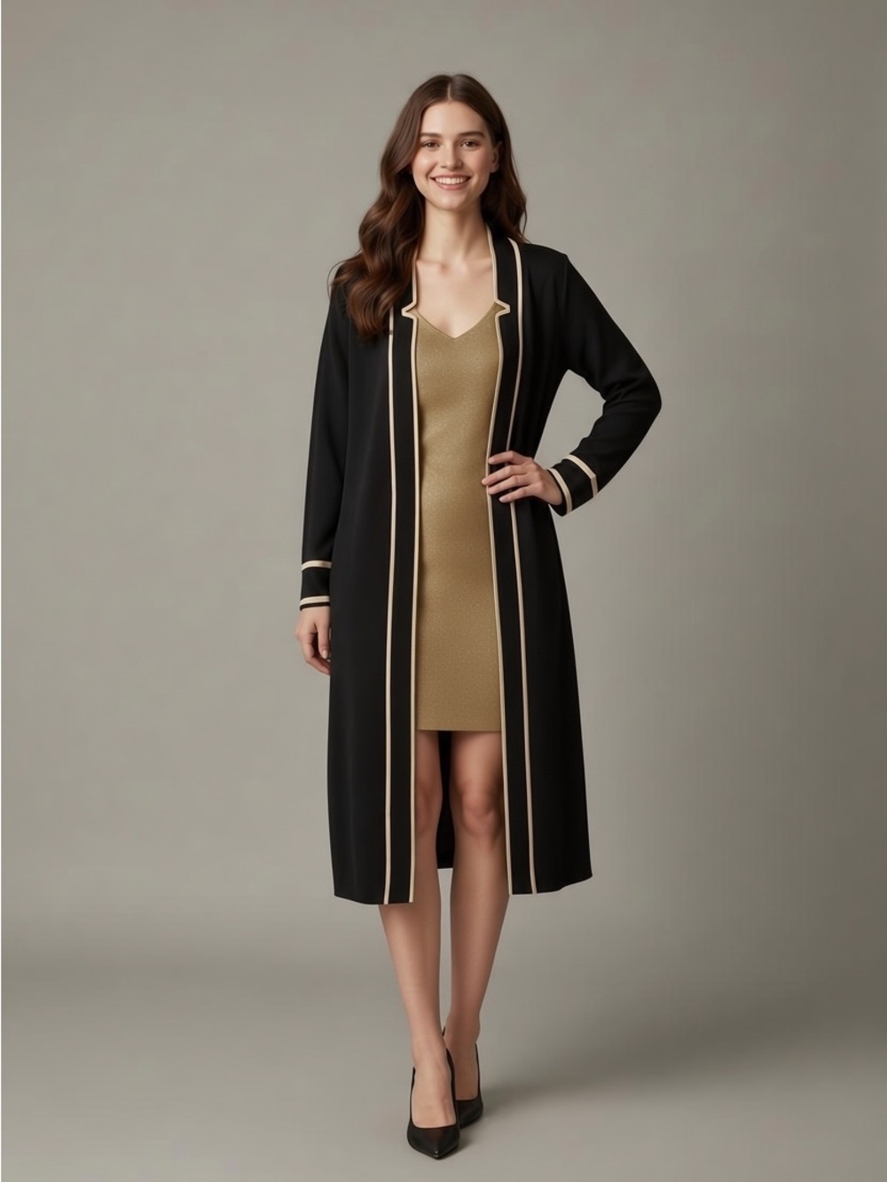 Exclusively Misook Black Long Cardigan Jacket with Gold Trim Size S